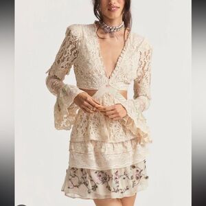 Cream Ruffled Tiered Mini Dress with Plunge Neckline